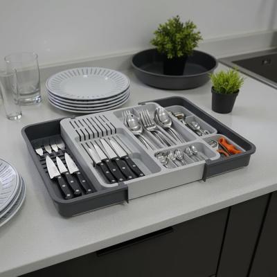 Deconox Çekmece İçi Sürgülü Çatal Kaşık ve Bıçaklık Organizeri - Genişleyebilir Modüler Mutfak Düzenleyici (Açık 55 cm, Kapalı 34 cm) - Açık Gri ve Antrasit Renk