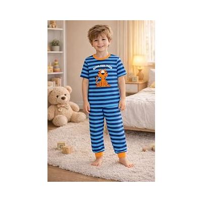 Erkek Çocuk Pamuklu Çizgili Baskılı Kısa Kollu Uzun Alt Pijama Takımı