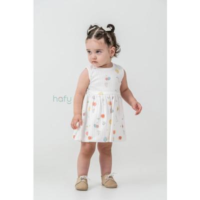 Kolsuz, Balon Desenli, Yazlık Kız Çocuk, Bebek Elbisesi Beyaz-Krem 18-24 AY
