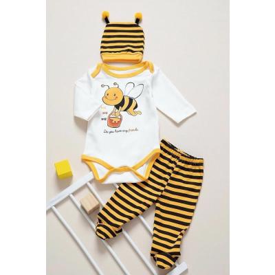 MYZİ STORE Bebek Yenidoğan Erkek/kız Sarı Arılı 3'lü Zıbın Takımı BEYZ-SİYAH-KAHVE 0-3 AY