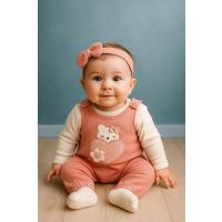 MYZİ STORE Peluş Kedi Desenli Çiçekli Bebek Tulum – 0-12 Ay Arası Bej 6-9 AY